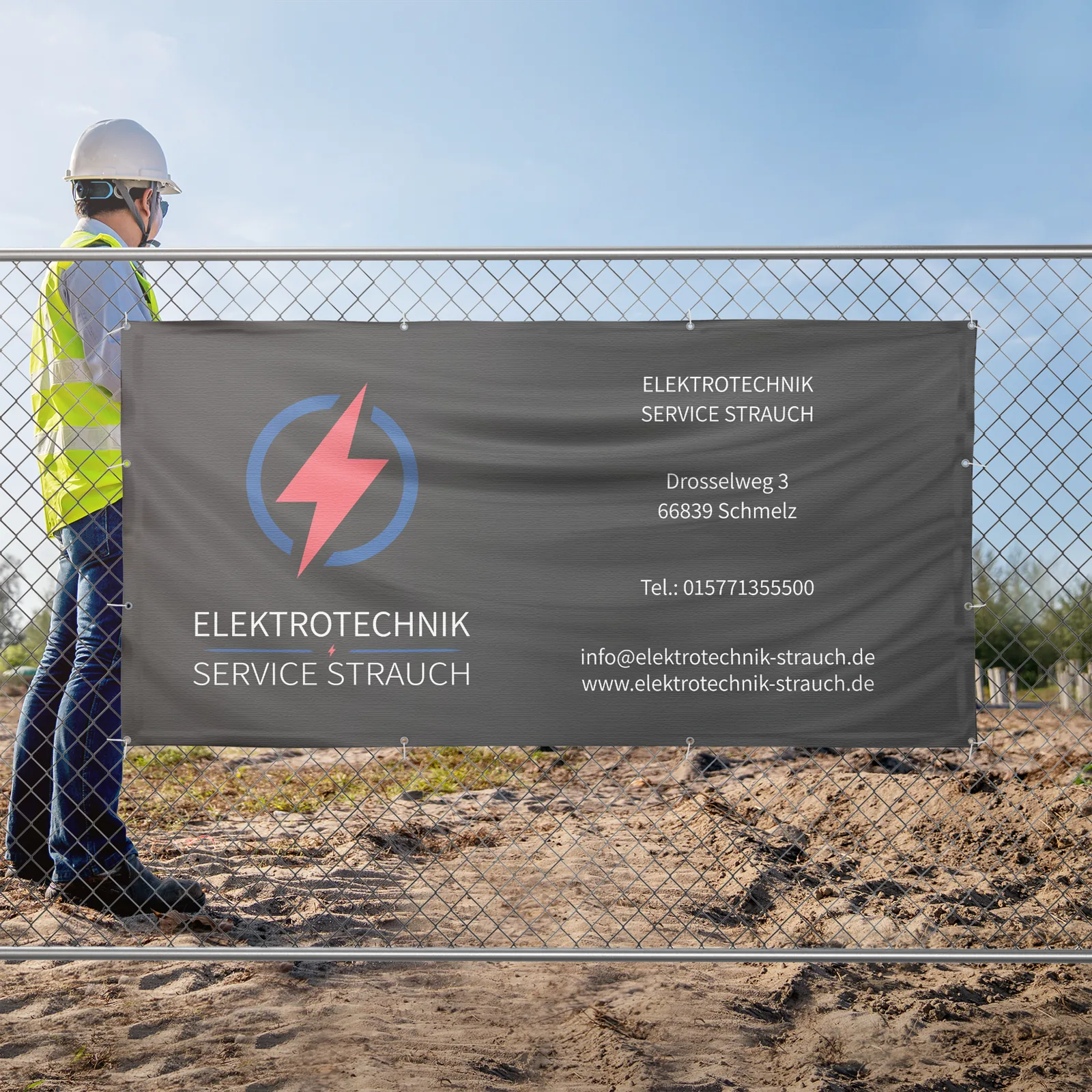 Bauzaunbanner-Mockup für Elektrotechnik Service Strauch