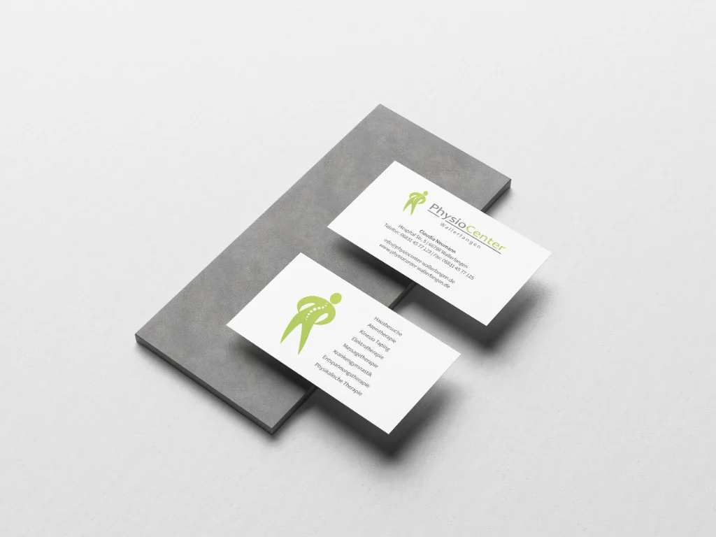 Visitenkarten-Mockup für PhysioCenter Wallerfangen, Vorder- und Rückseite